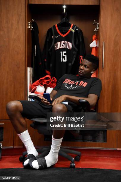 Clint Capela of the Houston Rockets looks on in the locker room prior to Game Seven of the Western Conference Finals during the 2018 NBA Playoffs...