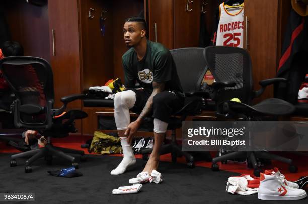 Gerald Green of the Houston Rockets looks on in the locker room prior to Game Seven of the Western Conference Finals during the 2018 NBA Playoffs...