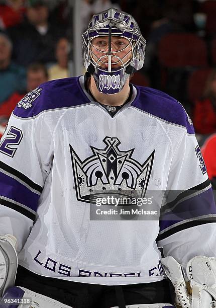 Jonathan Quick of the Los Angeles Kings looks on against the New Jersey Devils at the Prudential Center on January 31, 2010 in Newark, New Jersey....