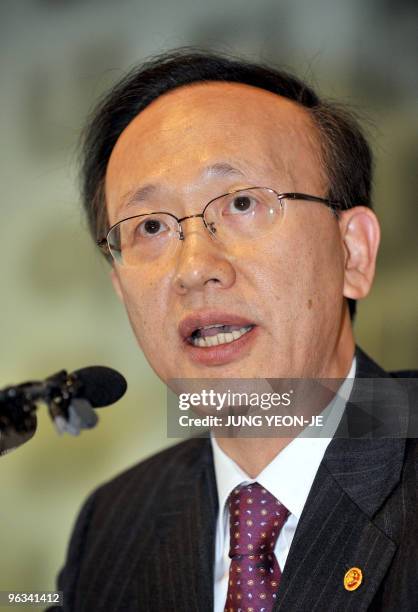 South Korean Unification Minister Hyun In-Taek speaks at a press conference in Seoul on February 2, 2010. The key South Korean minister questioned...