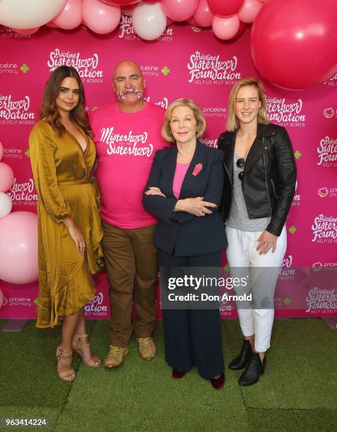 Samantha Harris, Merv Hughes, Ita Buttrose and Ellyse Perry pose during the launch of Misterhood for the Sisterhood campaign on May 29, 2018 in...