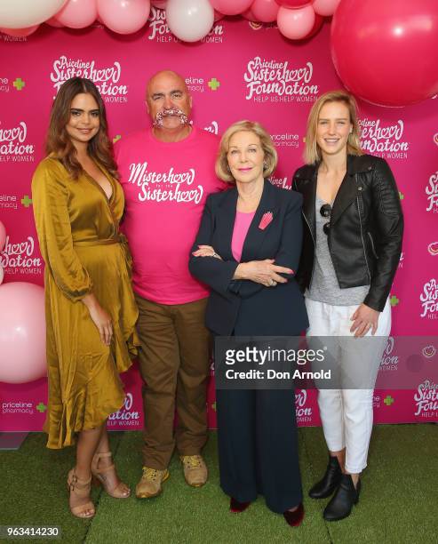 Samantha Harris, Merv Hughes, Ita Buttrose and Ellyse Perry pose during the launch of Misterhood for the Sisterhood campaign on May 29, 2018 in...