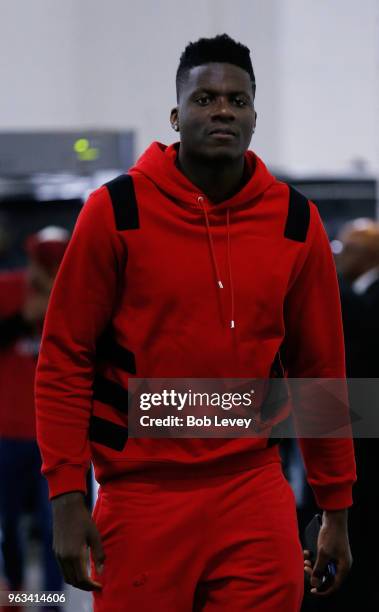 Clint Capela of the Houston Rockets arrives prior to the start of Game Seven of the Western Conference Finals of the 2018 NBA Playoffs against the...