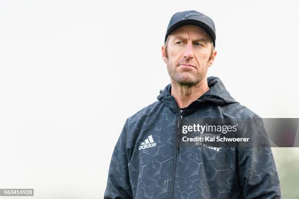 Head Strength and Conditioning Coach Nic Gill looks on during a New Zealand All Blacks training session at Linwood Rugby Club on May 29, 2018 in...