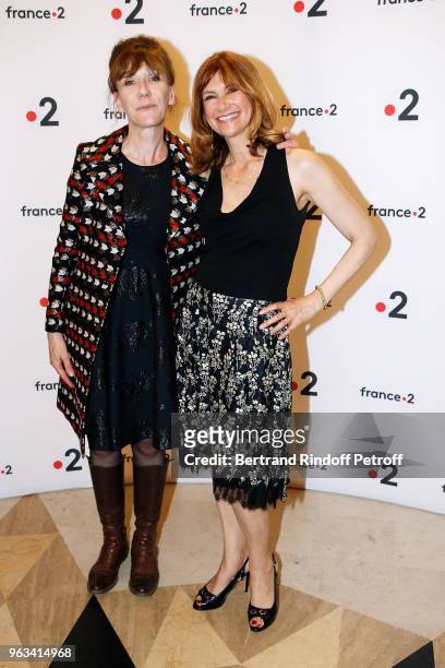 Actresses Virginie Lemoine and Florence Pernel attend "Ceremonie des Molieres 2018" at Salle Pleyel on May 28, 2018 in Paris, France.