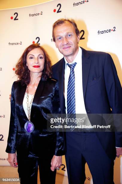 Camille Chamoux and Nicolas Altmayer attend "Ceremonie des Molieres 2018" at Salle Pleyel on May 28, 2018 in Paris, France.