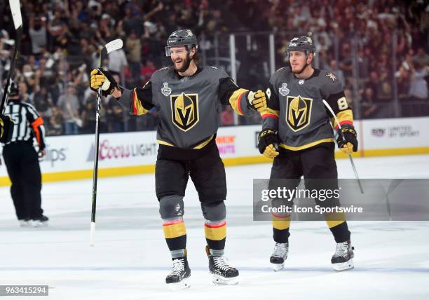 Vegas Golden Knights Defenseman Colin Miller celebrates after scoring their first goal of the game in the first period during game 1 of the Stanley...