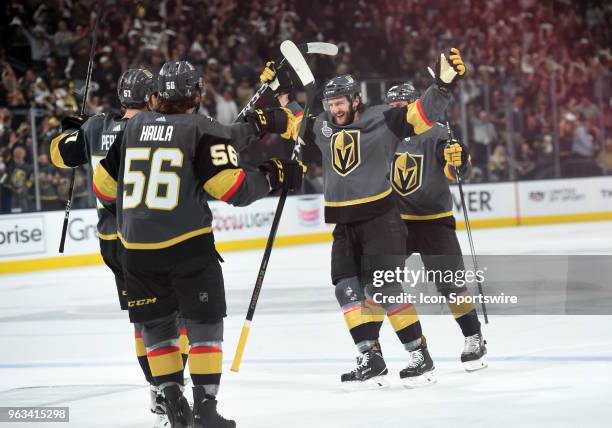 Vegas Golden Knights Defenseman Colin Miller celebrates after scoring their first goal of the game in the first period during game 1 of the Stanley...