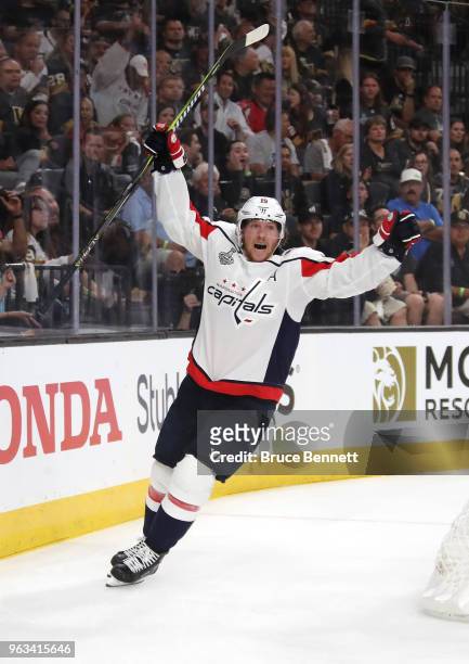 Nicklas Backstrom of the Washington Capitals celebrates his first-period goal against the Vegas Golden Knights in Game One of the 2018 NHL Stanley...