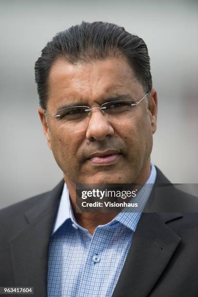 Former Pakistan fast bowler Waqar Younis during Day One of the 1st NatWest Test Match between England and Pakistan at Lord's Cricket Ground on May...