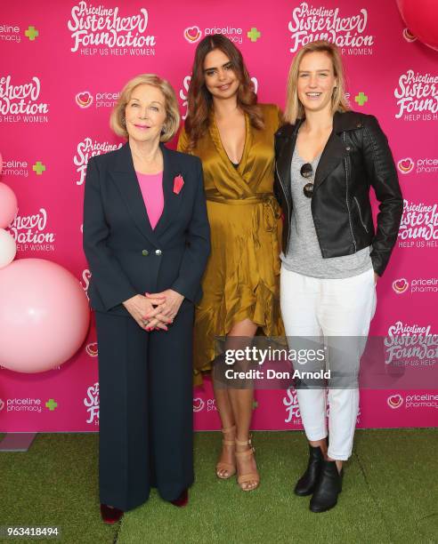 Ita Buttrose, Samantha Harris and Ellyse Perry pose during the launch of Misterhood for the Sisterhood campaign on May 29, 2018 in Sydney, Australia.