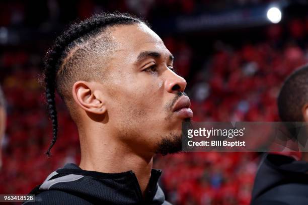 Gerald Green of the Houston Rockets looks on during the national anthem prior to game against the Golden State Warriors in Game Seven of the Western...