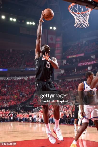 Clint Capela of the Houston Rockets shoots the ball against the Golden State Warriors in Game Seven of the Western Conference Finals during the 2018...