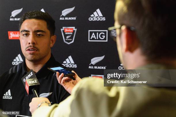 Anton Lienert-Brown speaks to the media during a New Zealand All Blacks press conference on May 29, 2018 in Christchurch, New Zealand.