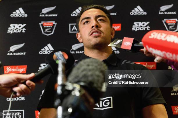 Anton Lienert-Brown speaks to the media during a New Zealand All Blacks press conference on May 29, 2018 in Christchurch, New Zealand.