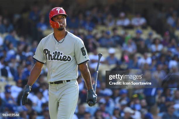 Philadelphia Phillies outfielder Nick Williams walks back to the dugout after striking out during a MLB game between the Philadelphia Phillies and...