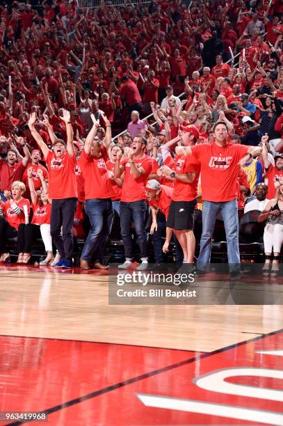 Fans react during Game Seven of the Western Conference Finals during the 2018 NBA Playoffs between the Houston Rockets and Golden State Warriors on...