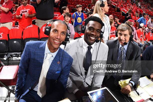 Reggie Miller, Chris Weber, and Marv Albert are seen before the game between the Golden State Warriors and the Houston Rockets during Game Seven of...