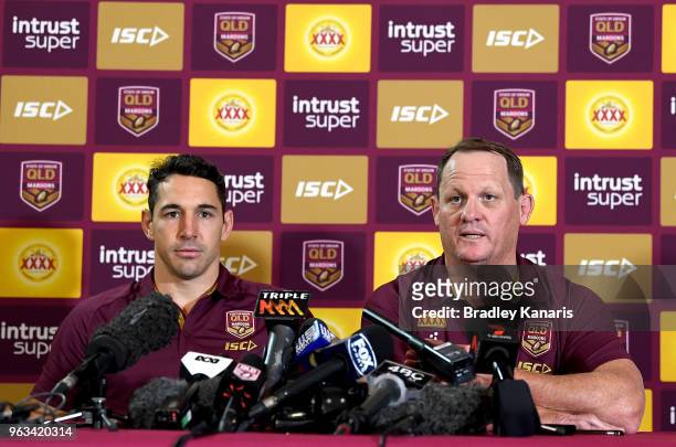 Billy Slater is seen with Coach Kevin Walters as he announces that he will retire from representative Rugby League at the end of this Origin series...