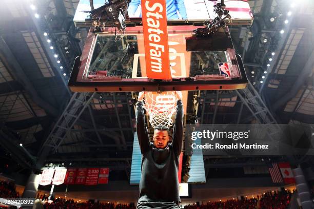 Gerald Green of the Houston Rockets warms up for Game Seven of the Western Conference Finals of the 2018 NBA Playoffs against the Golden State...