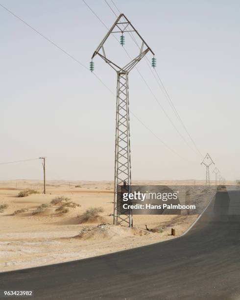 an electricity pylon next to an empty road in the desert of dubai - palmboom 個照片及圖片檔