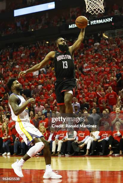 James Harden of the Houston Rockets dunks against Jordan Bell of the Golden State Warriors in the second quarter of Game Seven of the Western...