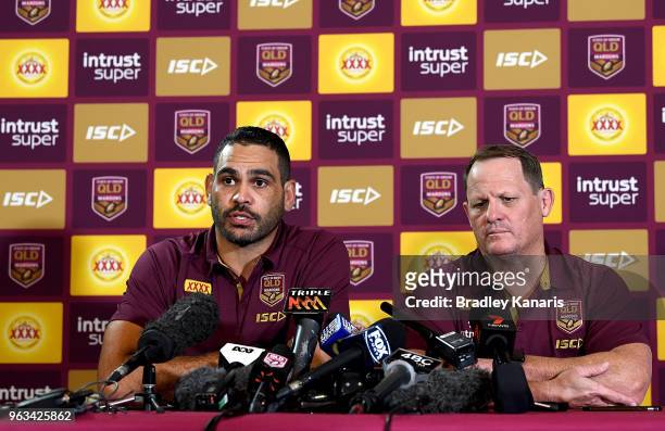 Greg Inglis and Coach Kevin Walters speak during a Queensland Maroons State of Origin media opportunity on May 29, 2018 in Brisbane, Australia.