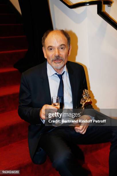 Jean-Pierre Darroussin poses with his Moliere for Best Actor in Private Theater during the "Ceremonie des Molieres 2018" at Salle Pleyel on May 28,...