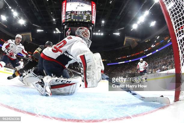 Braden Holtby of the Washington Capitals stops a shot against the Vegas Golden Knights during the second period in Game One of the 2018 NHL Stanley...