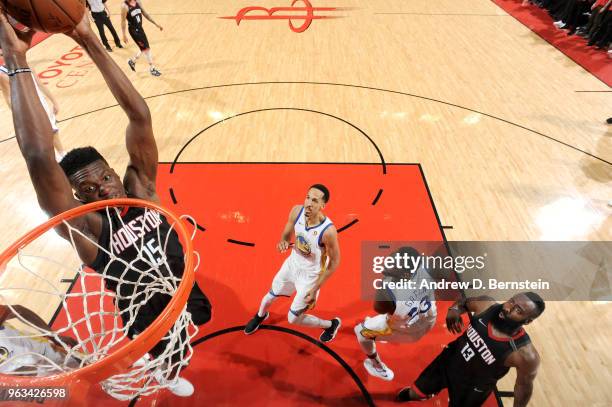Clint Capela of the Houston Rockets dunks against the Golden State Warriors during Game Seven of the Western Conference Finals of the 2018 NBA...