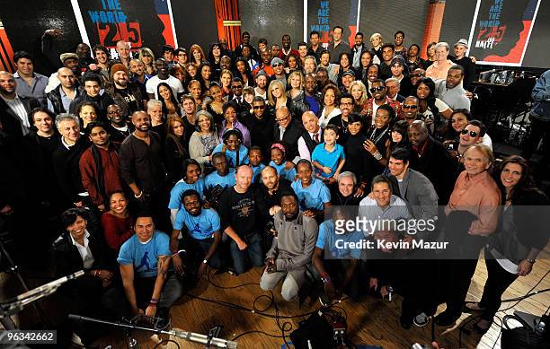 Singers and producers of "We Are The World 25 Years for Haiti" pose for a group picture following the recording session held at Jim Henson Studios on...