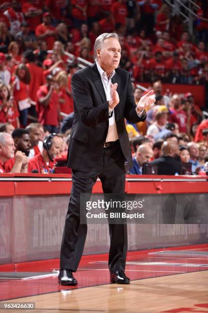 Head Coach Mike D'Antoni of the Houston Rockets looks on against the Golden State Warriors in Game Seven of the Western Conference Finals during the...