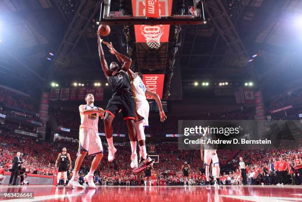 Clint Capela of the Houston Rockets goes to the basket against the Golden State Warriors during Game Seven of the Western Conference Finals of the...