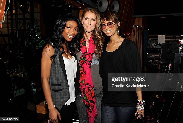 Singers Jennifer Hudson, Celine Dion and Keri Hilson attend the "We Are The World 25 Years for Haiti" recording session held at Jim Henson Studios on...