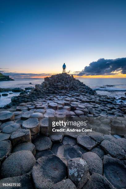 a man looking at sunset on basalt column. - giant's causeway imagens e fotografias de stock