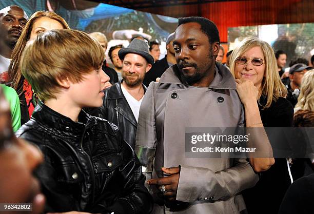 Singer Justin Bieber, musician Kristian Bush , will.i.am and Barbra Streisand at the "We Are The World 25 Years for Haiti" recording session held at...