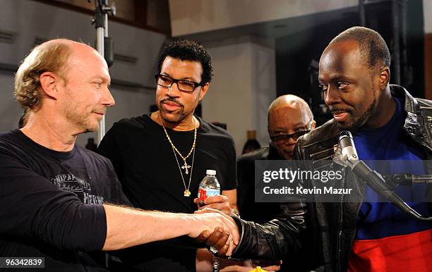 Director Paul Haggis, singer Lionel Richie and singer Wyclef Jean attend the "We Are The World 25 Years for Haiti" recording session held at Jim...