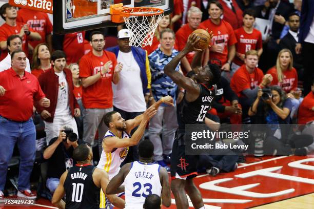 Clint Capela of the Houston Rockets shoots against the Golden State Warriors in the first half of Game Seven of the Western Conference Finals of the...