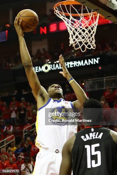 Kevon Looney of the Golden State Warriors shoots against Clint Capela of the Houston Rockets in the third quarter of Game Seven of the Western...