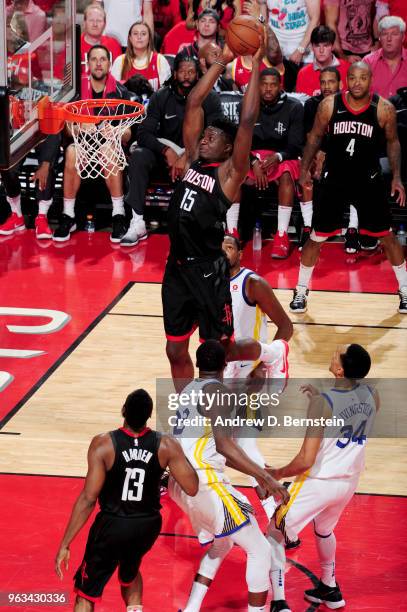 Clint Capela of the Houston Rockets goes up for a dunk against the Golden State Warriors during Game Seven of the Western Conference Finals of the...