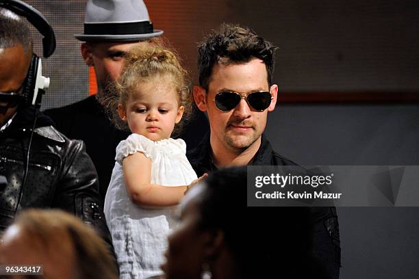 Singer Joel Madden and daugher Harlow Madden perform at the "We Are The World 25 Years for Haiti" recording session held at Jim Henson Studios on...