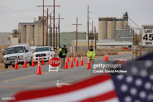 Union workers hold a demonstration line at the front gate of the Rio Tinto Borax mine on the day after mine owners locked out about 540 employees and...