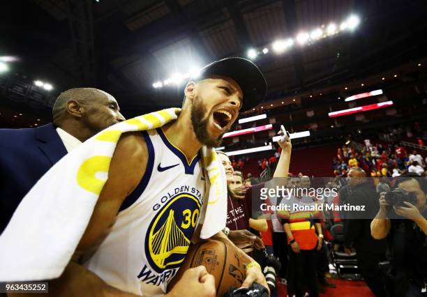 Stephen Curry of the Golden State Warriors reacts after they defeated the Houston Rockets 101 to 92 in Game Seven of the Western Conference Finals of...