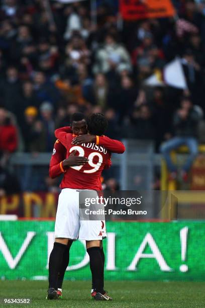 Stefano Okaka with his teammate Nicolas Burdisso of AS Roma celebrate the second goal during the Serie A match between Roma and Siena at Stadio...