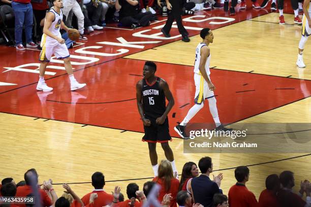 Clint Capela of the Houston Rockets reacts to a play in Game Seven of the Western Conference Finals against the Golden State Warriors during the 2018...