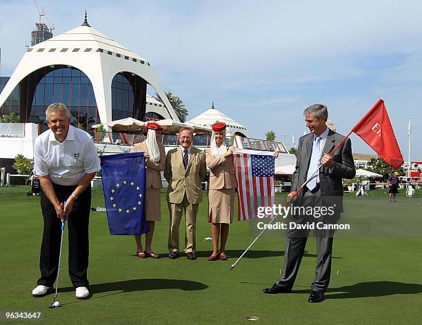 Colin Montgomerie of Scotland the 2010 European Ryder Cup Team Captain has the pin attended by Gary Chapman the President of Emirates Group Services...
