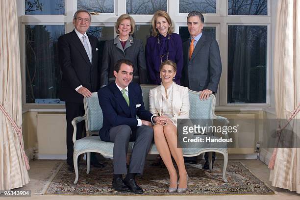 In this handout image provided by the Greek Royal Family, King Constantine of Greece, Queen Anne Marie of Greece, Marie-Blanche Brillembourg and...