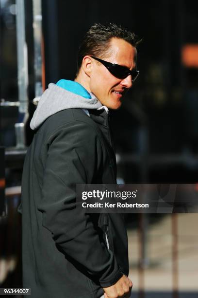 Michael Schumacher of Germany and Mercedes GP is seen in the paddock during winter testing at the Ricardo Tormo Circuit on February 2, 2010 in...