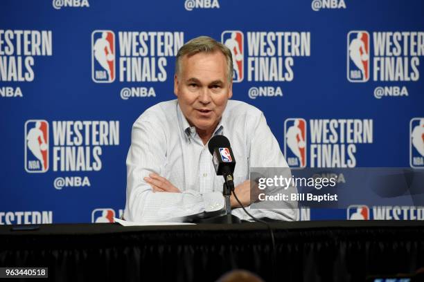 Head Coach Mike D'Antoni of the Houston Rockets talks to the media following Game Seven of the Western Conference Finals during the 2018 NBA Playoffs...