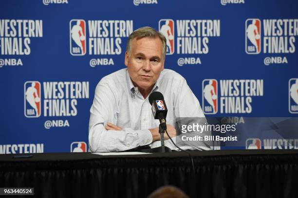 Head Coach Mike D'Antoni of the Houston Rockets talks to the media following Game Seven of the Western Conference Finals during the 2018 NBA Playoffs...